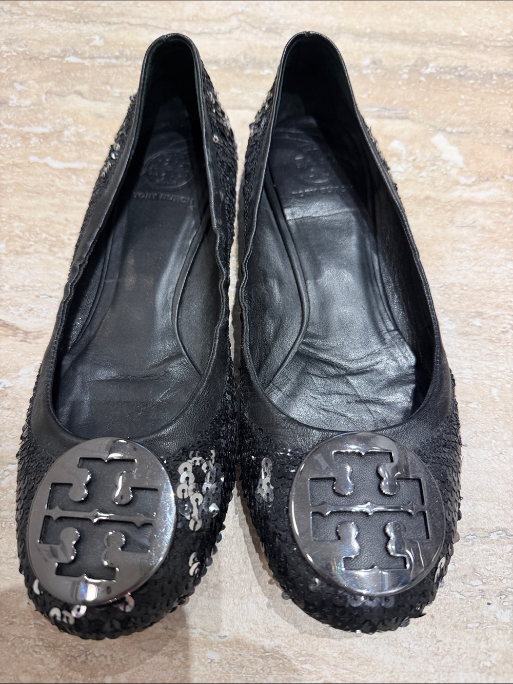 Tory Burch Black Sequin Logo Ballet Flats